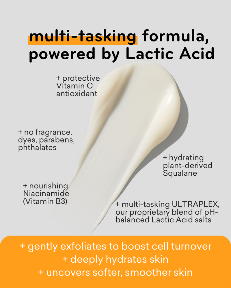 AmLactin lotions are multi-tasking formulas, powered by lactic acid with protective vitamin c antioxidant, no fragrance, dyes, parabens, phthalates, nourishing Niacinamide (Vitamin B3), hydrating plant-derived squalane, multi-tasking ultraplex - AmLactin's proprietary blend of pH-balanced Lactic Acid salts