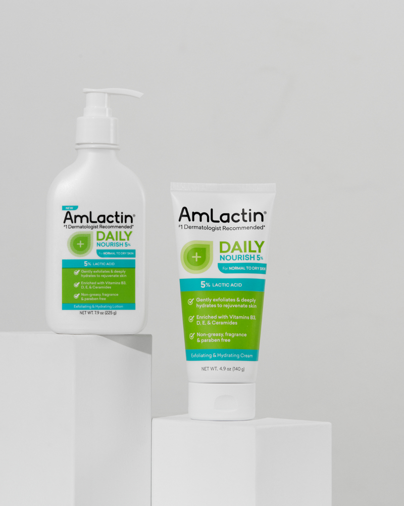 AmLactin Daily Nourish 5% Lotion and AmLactin Daily Nourish 5% Cream on white blocks with a light grey background