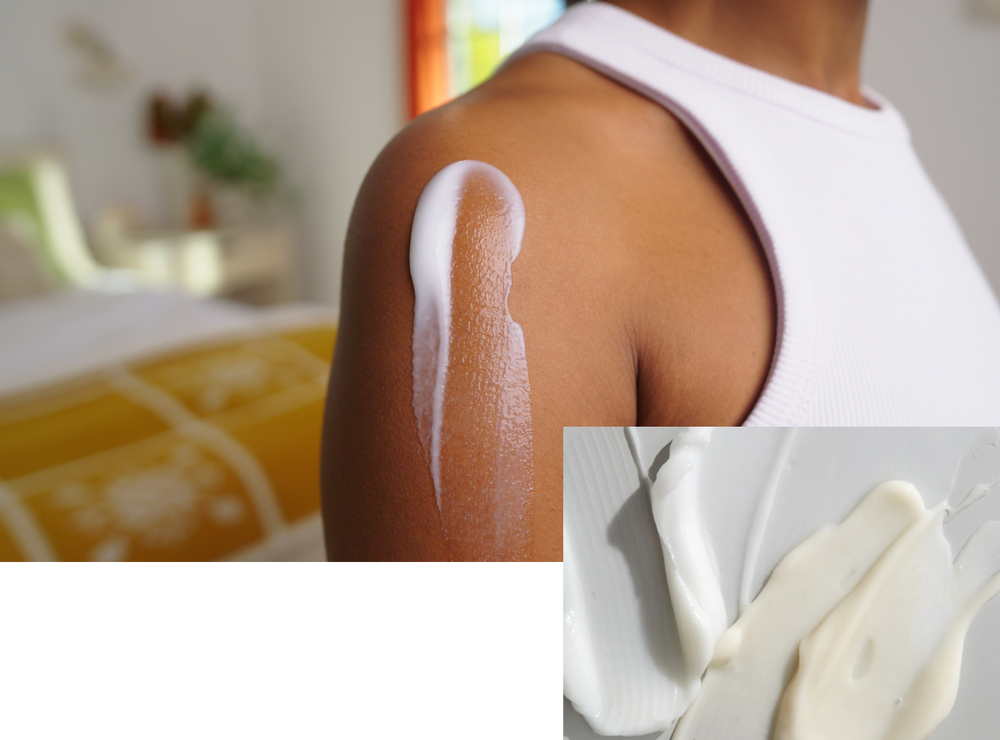 Split image showing a person's shoulder with white skincare product being applied on brown skin, wearing a light tank top, alongside a smaller inset image of creamy white skincare product swatches on a white surface.
