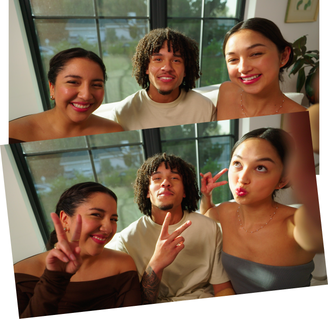 Collage of three young people posing together by a window - smiling in top photo and making peace signs in bottom photo.