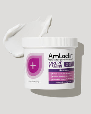AmLactin Crepe Firming Cream With Cream Swatch on White Background with Shadow