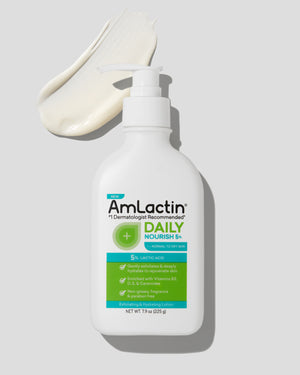 AmLactin Daily Nourish 5% 7.90 oz Lotion bottle on light grey background. Lotion swatch on top left near bottle pump.