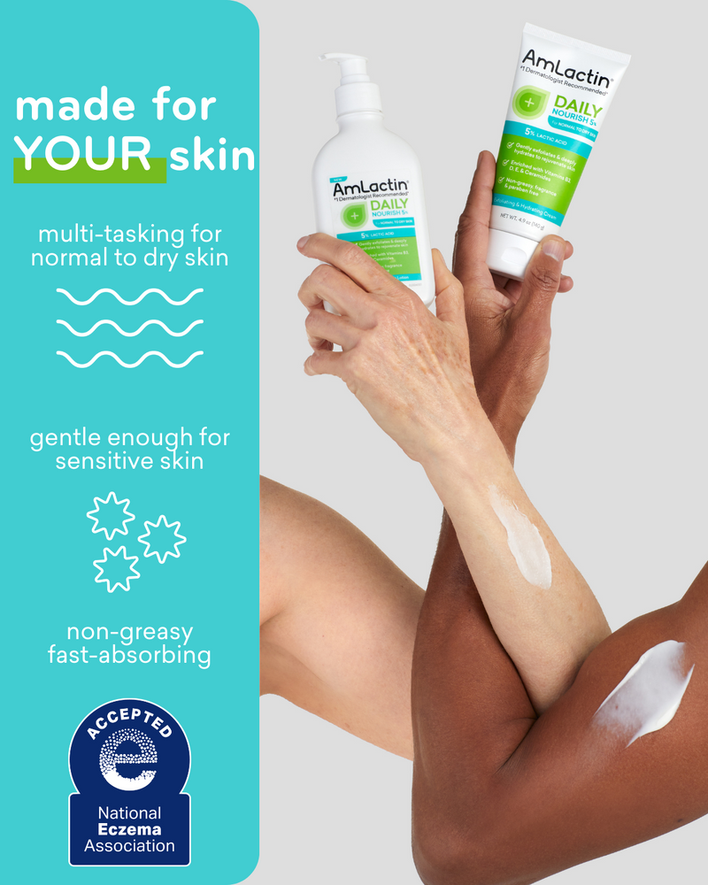 AmLactin Daily Nourish 5% Made for Your Skin; multi-tasking for normal to dry skin, gentle enough for sensitive skin, non-greasy and fast-absorbing