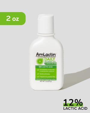 AmLactin Daily Nourish 12% 2 oz Lotion Bottle on light grey background with shadow. 2 oz callout with green flag on top left corner of the image. 12% Lactic Acid green highlight on 12% in bottom right of image.