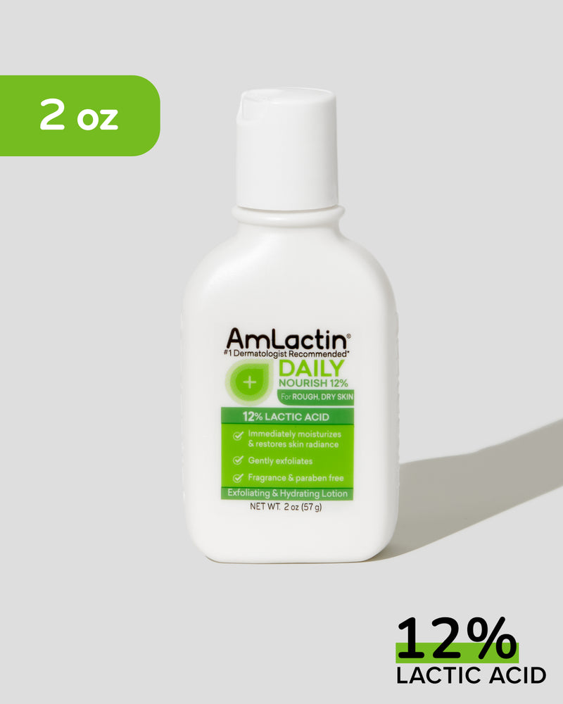 AmLactin Daily Nourish 12% 2 oz Lotion Bottle on light grey background with shadow. 2 oz callout with green flag on top left corner of the image. 12% Lactic Acid green highlight on 12% in bottom right of image.