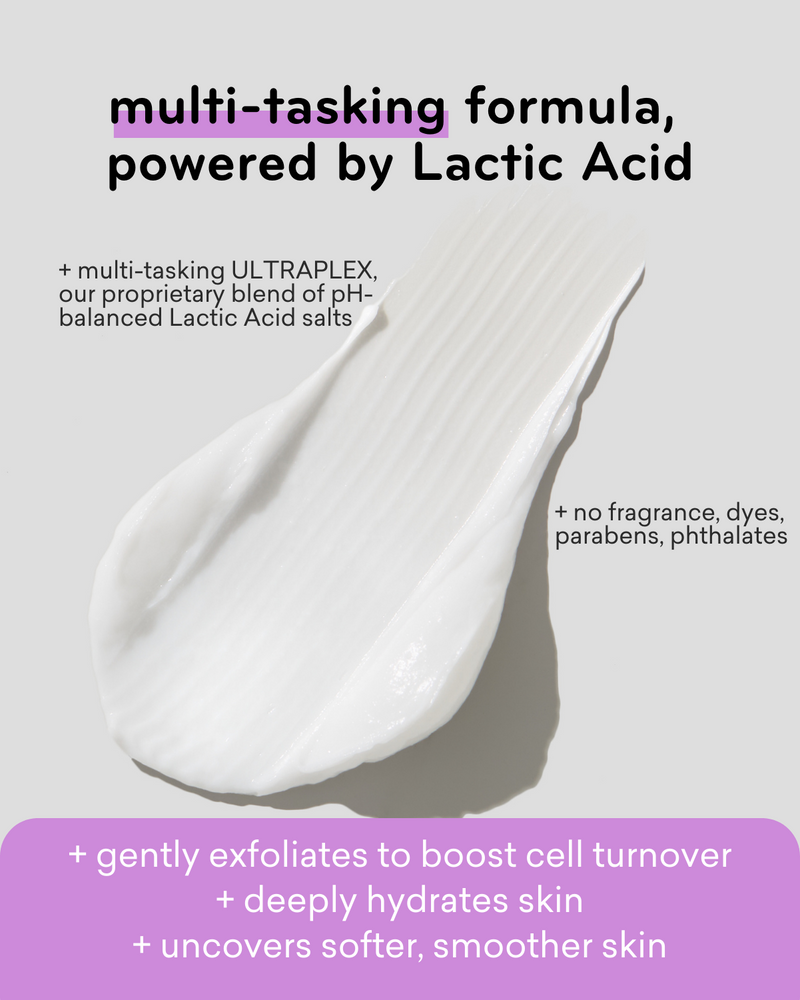 Cream swatch with points of differentiation: multi-tasking ultraplex, our proprietary blend of pH balanced lactic acid salts and no fragrances, dyes, parabens, phthalates.