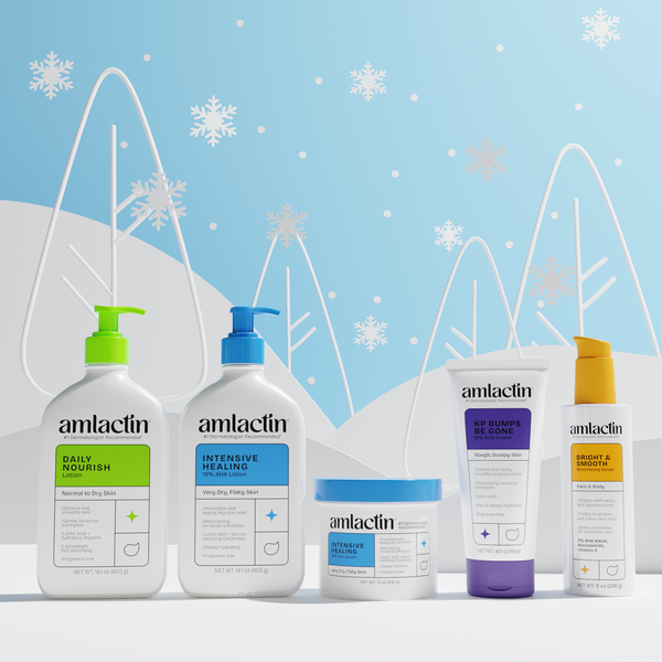 Amlactin product line-up on background featuring winter skincare
