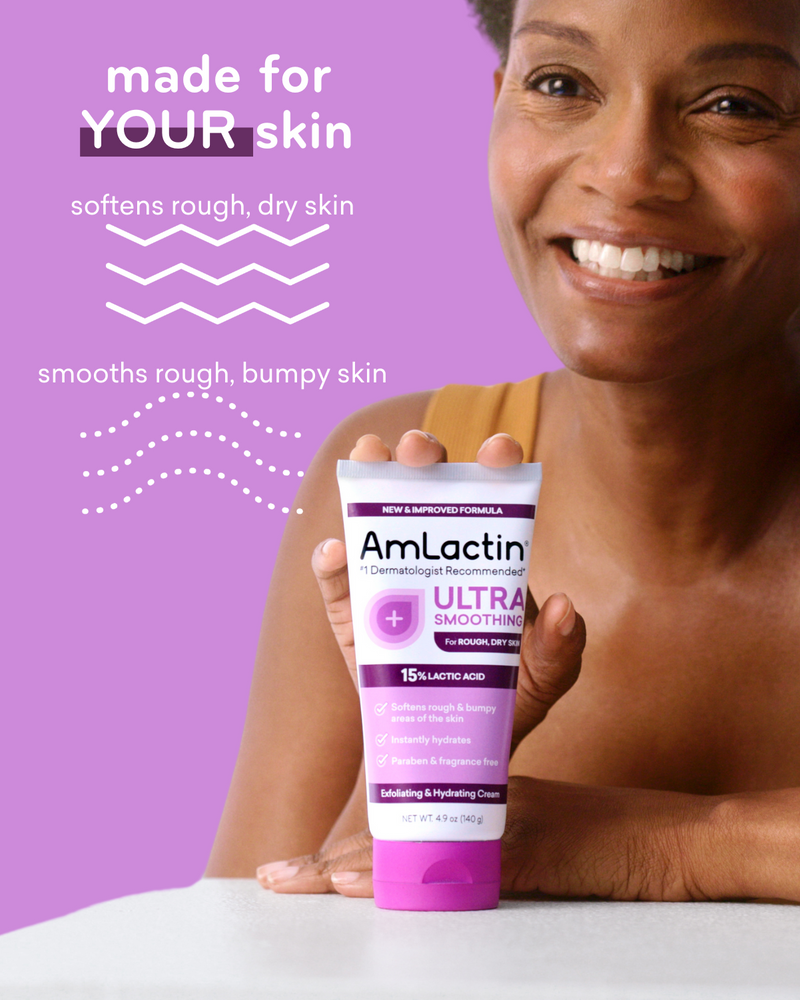 woman holding AmLactin Ultra Smoothing cream tube on a table. Copy says made for your skin; softens rough, dry skin and smooths rough, bumpy skin