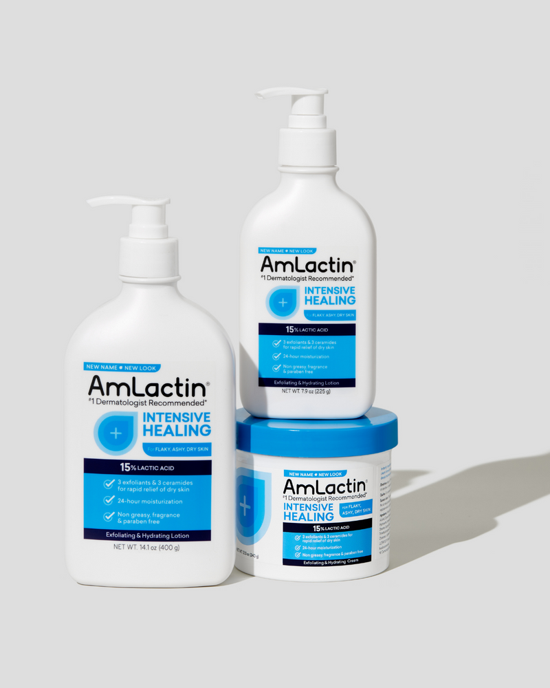 Family product shot of AmLactin Intensive Healing Lotion and Cream.