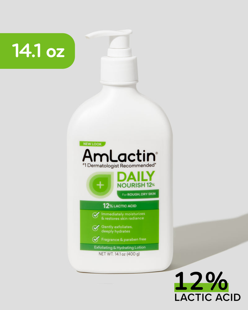 AmLactin Daily Nourish 12% 14.1 oz Lotion Pump Top Bottle on light grey background. 14.1 oz green callout flag in top left of image. 12% Lactic Acid with green highlight on 12% on bottom right corner of the image.