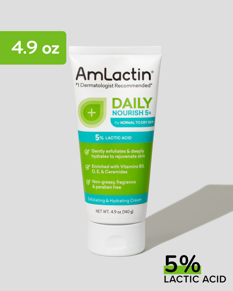 AmLactin Daily Nourish 5% Cream Tube Standing on White Backdrop with Drop Shadow Behind it. 4.9 oz callout Flag in Green in top left corner. 5% Lactic Acid with Green highlight on 5% in bottom right corner of image.