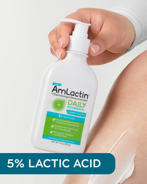 Woman's hand holding AmLactin Daily Nourish 5% Lotion on shin with lotion swatch on skin. 5% Lactic Acid callout flag in teal on bottom of image.