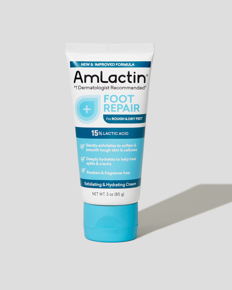 AmLactin Foot Repair 3oz Tube For Rough and Dry Feet on a light grey background with a shadow.