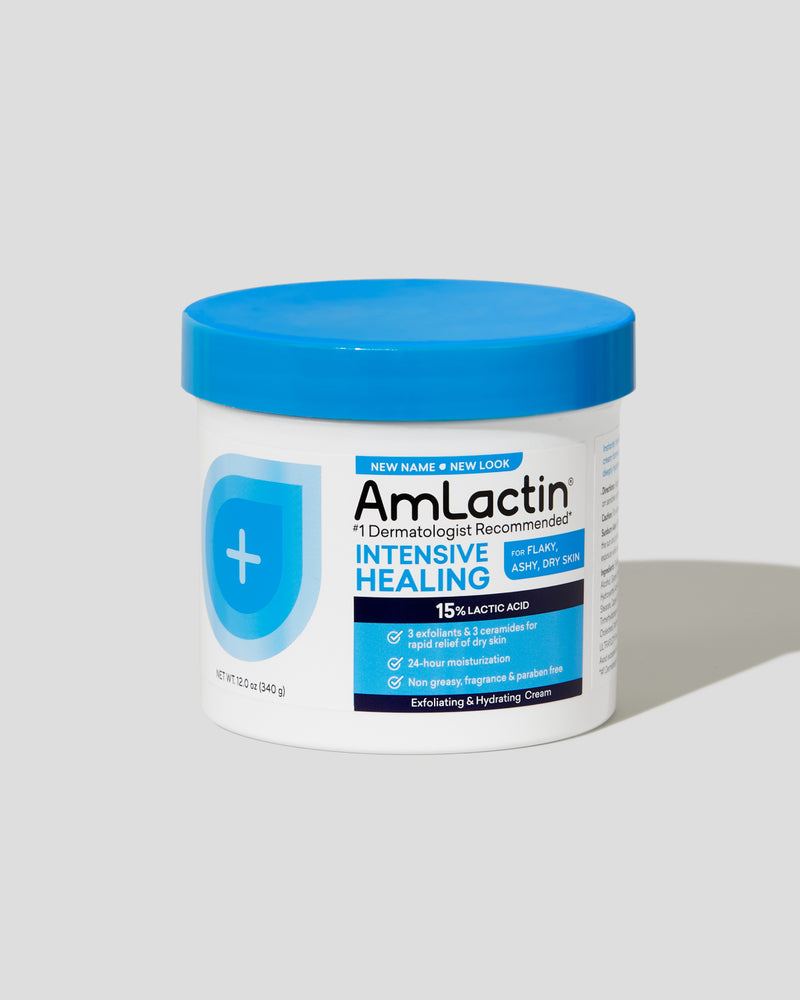 AmLactin Intensive Healing Cream 12 oz Tub on light grey background with shadow.