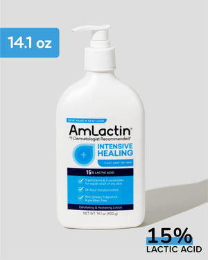 AmLactin Intensive Healing Lotion 14.1oz Pump Top Bottle. 14.1 oz callout flag in blue on top left of image. 15% Lactic Acid callout with blue highlight on 15% on bottom right of image.