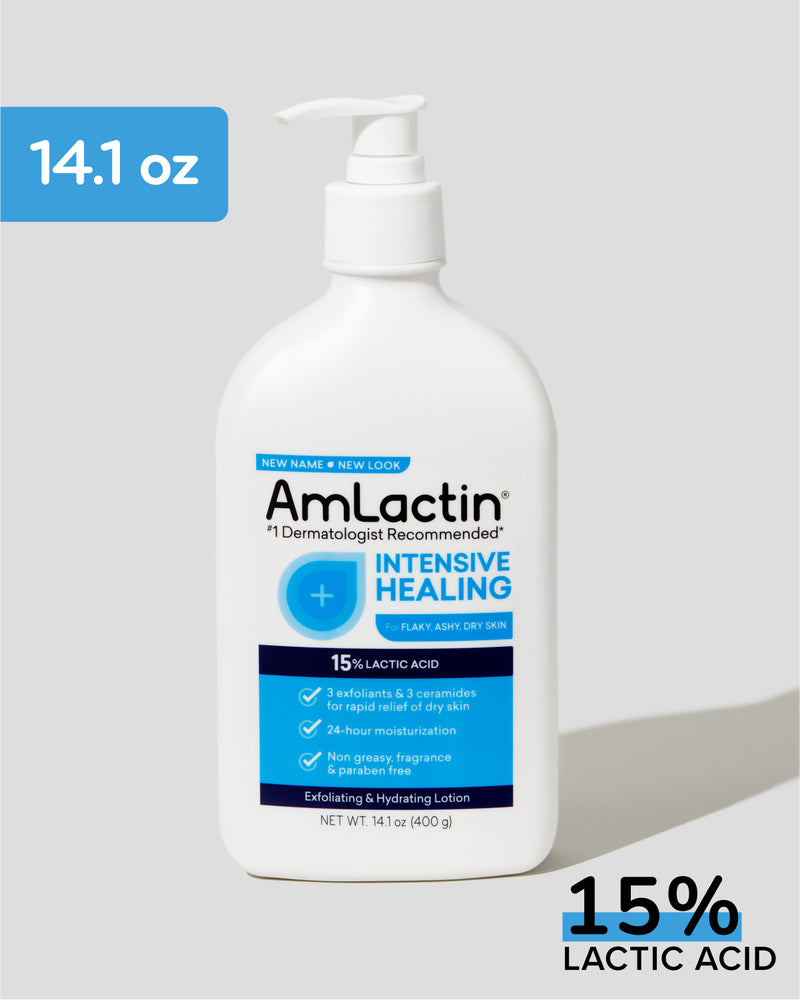 AmLactin Intensive Healing Lotion 14.1oz Pump Top Bottle. 14.1 oz callout flag in blue on top left of image. 15% Lactic Acid callout with blue highlight on 15% on bottom right of image.