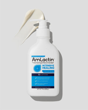AmLactin Intensive Healing Lotion 7.9oz Pump Top Bottle on a light grey background. Lotion swatch behind bottle at pump top on top left of image.