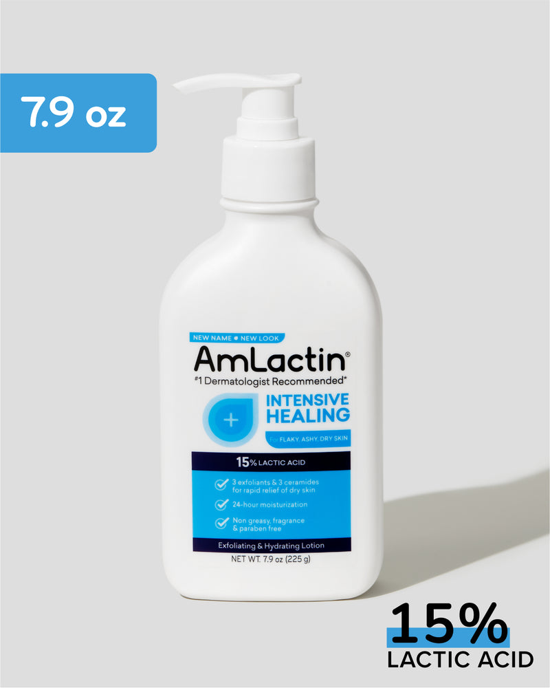 AmLactin Intensive Healing Lotion 7.9oz Pump Top Bottle. 7.9 oz callout flag in blue on top left of image. 15% Lactic Acid callout with blue highlight on 15% on bottom right of image.