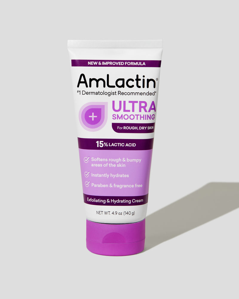AmLactin Ultra Smoothing Cream 4.9oz Tube on light grey background with shadow.