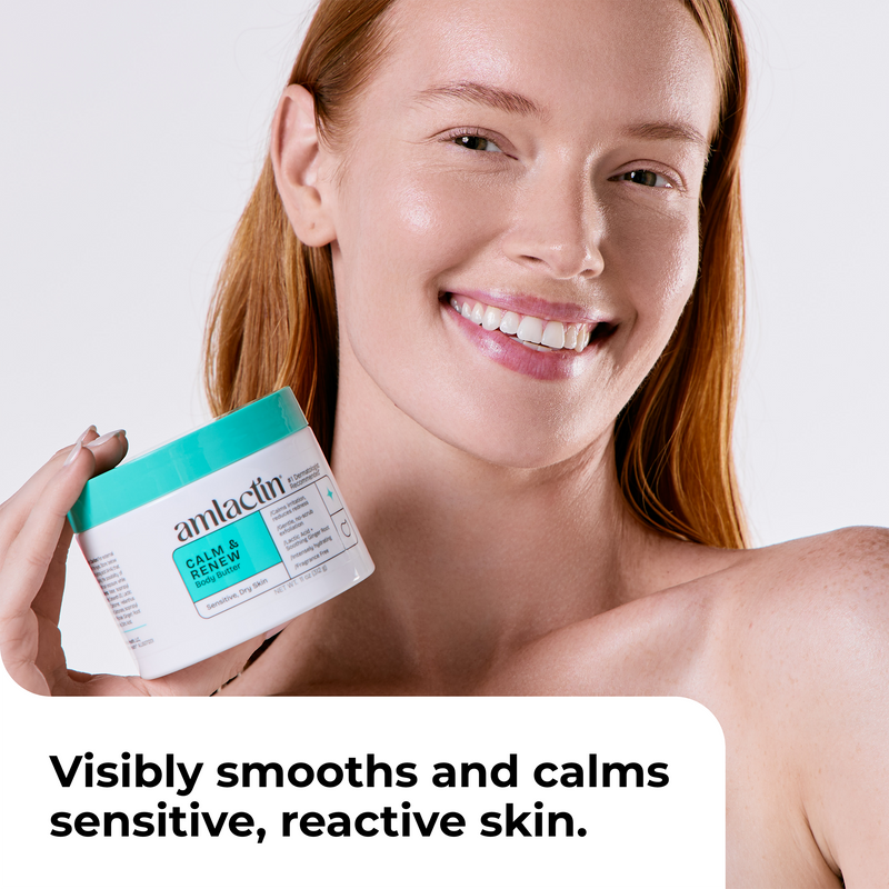 A smiling woman with fair skin holds a white and teal jar of Amlactin Calm & Renew against a light gray background, with a white text banner at the bottom reading 'Visibly smooths and calms sensitive, reactive skin.'.