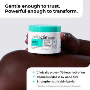 A jar of amlactin Calm & Renew Cream shown on a model's leg, with promotional text highlighting clinical proven hydration and skin barrier benefits.