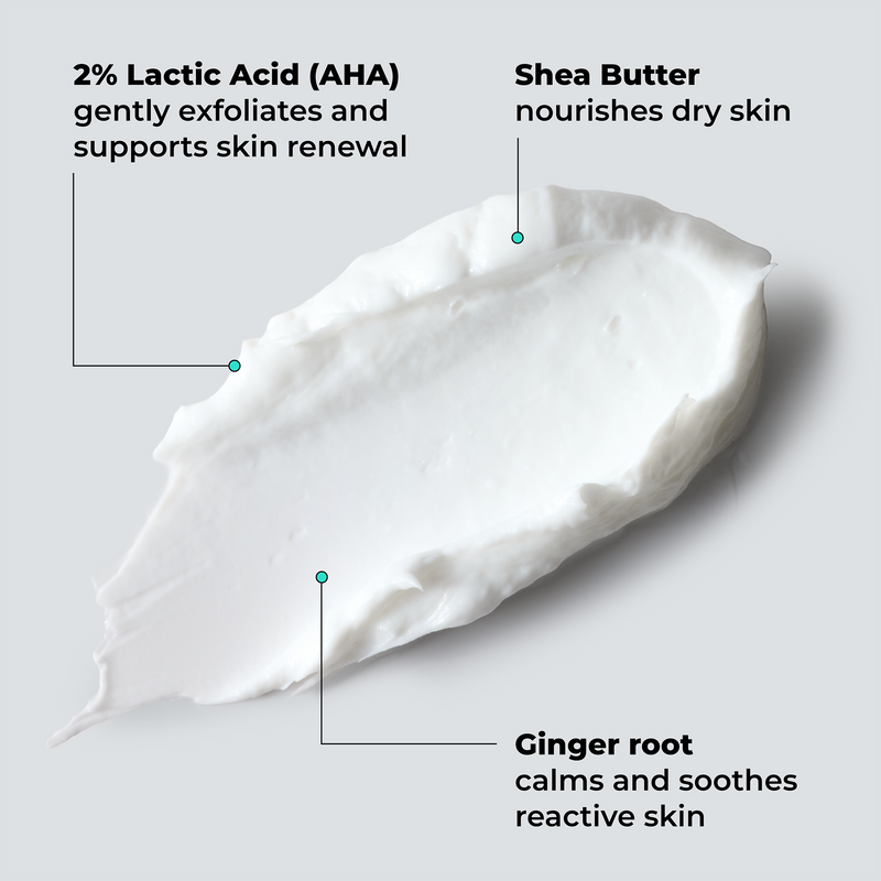 A smear of white skincare cream on a light gray background with callout text reading '2% Lactic Acid (AHA) gently exfoliates and supports skin renewal,' 'Shea Butter nourishes dry skin,' and 'Ginger root calms and soothes reactive skin.'.