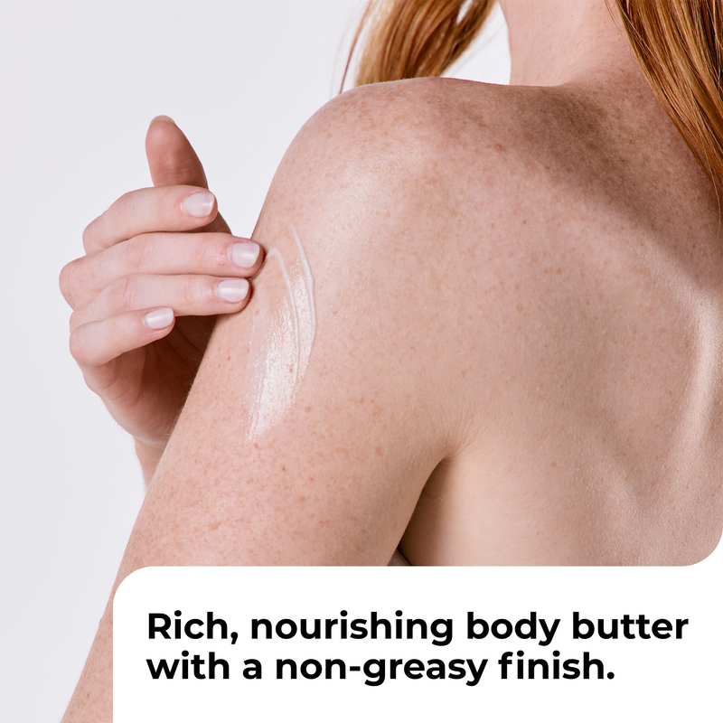 Close-up of a person applying or showing a white body butter cream on bare skin, with text at the bottom reading 'Rich, nourishing body butter with a non-greasy finish.'.