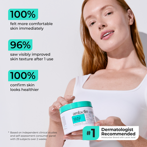 A woman in a white tank top holds a jar of amlactin Calm & Renew. The image features three bold text callouts in teal and white on the left side, highlighting positive user feedback: '100% felt more comfortable skin immediately', '96% saw visibly improved skin texture after 1 use', and '100% confirm skin looks healthier'.