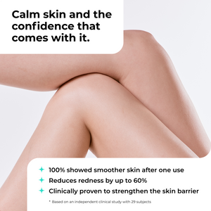Close-up of crossed legs with promotional text about calming skin and reducing redness, based on a clinical study.