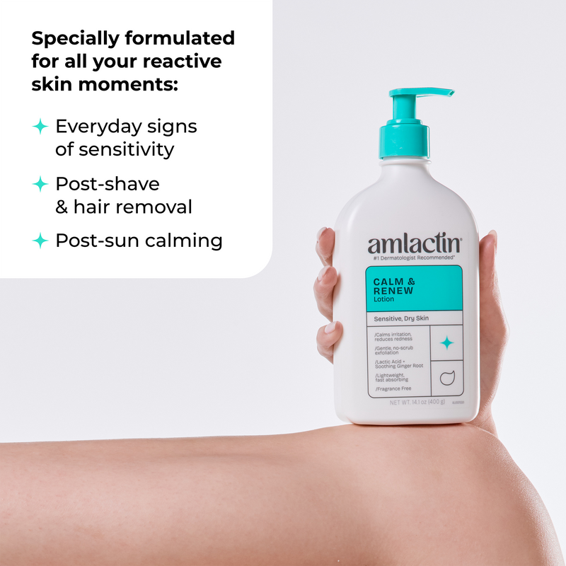 A hand holding a white pump bottle of amlactin Calm & Renew Lotion against a light gray background, with marketing text on the left highlighting skin benefits.
