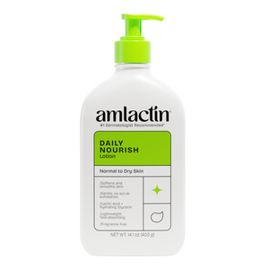 Amlactin Daily Nourish Lotion in a white pump bottle with a bright green pump and a green and white label, shown on a plain white background.