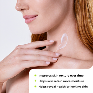 Close-up of a woman's neck and hand with a white cream applied, accompanied by text stating it improves skin texture over time, helps retain moisture, and helps reveal healthier-looking skin.