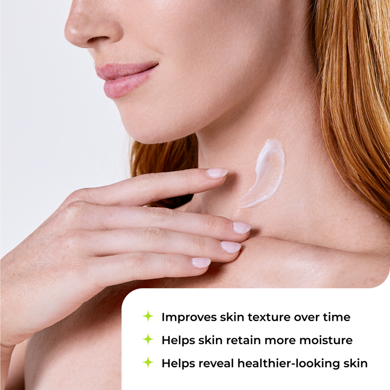 Close-up of a woman's neck and hand with a white cream applied, accompanied by text stating it improves skin texture over time, helps retain moisture, and helps reveal healthier-looking skin.