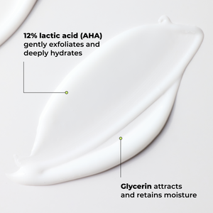 A close-up of a thick white cosmetic cream smear on a light gray background with text callouts explaining its benefits: '12% lactic acid (AHA) gently exfoliates and deeply hydrates' and 'Glycerin attracts and retains moisture.'.