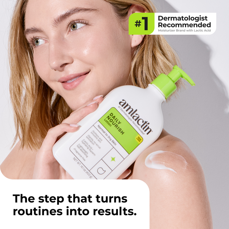 A woman holds an amlactin Daily Moisturize lotion bottle with a bright green pump. The image features a close-up of the woman's face and shoulder with a smear of white lotion, a '#1 Dermatologist Recommended' badge, and the text 'The step that turns routines into results.