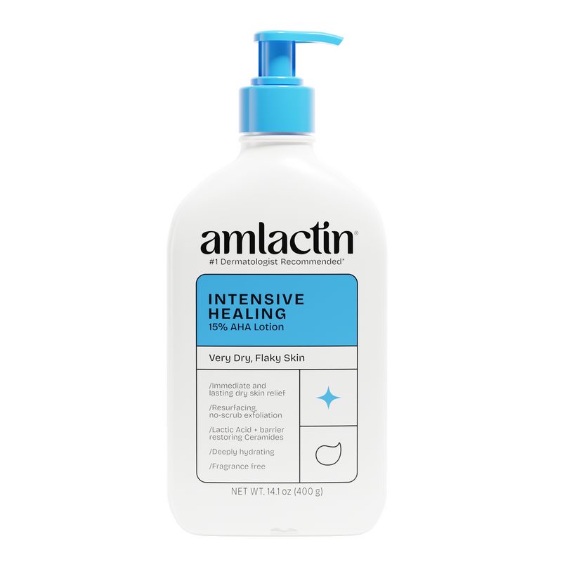 Amlactin Intensive Healing 15% AHA Lotion in a white pump bottle with a bright blue cap and blue label block, shown on a plain white background.