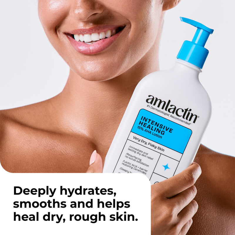 A smiling woman holds a white pump bottle of amlactin Intensive Healing 15% AHA lotion against a clean white background, with promotional text at the bottom.