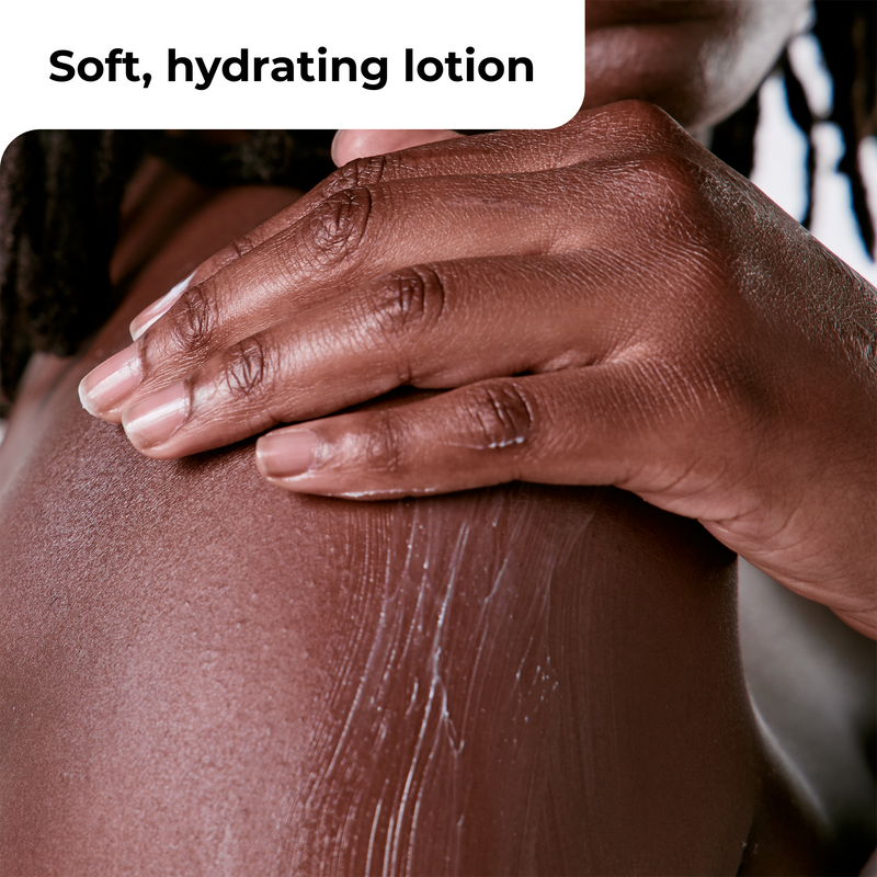 Close-up of a person applying soft, hydrating lotion to their shoulder, with a white text label at the top reading 'Soft, hydrating lotion'.