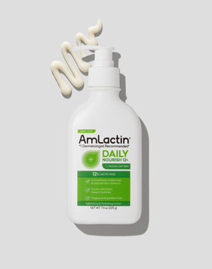 AmLactin Daily Nourish 12% 7.90 oz Lotion Pump Top Bottle on light grey background with shadow. Lotion swatch behind bottle pump in top left corner.