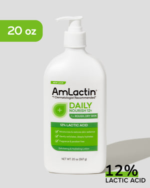 AmLactin Daily Nourish 12% 20 oz Lotion Pump Top Bottle on light grey background. 20 oz green callout flag in top left of image. 12% Lactic Acid with green highlight on 12% on bottom right corner of the image.