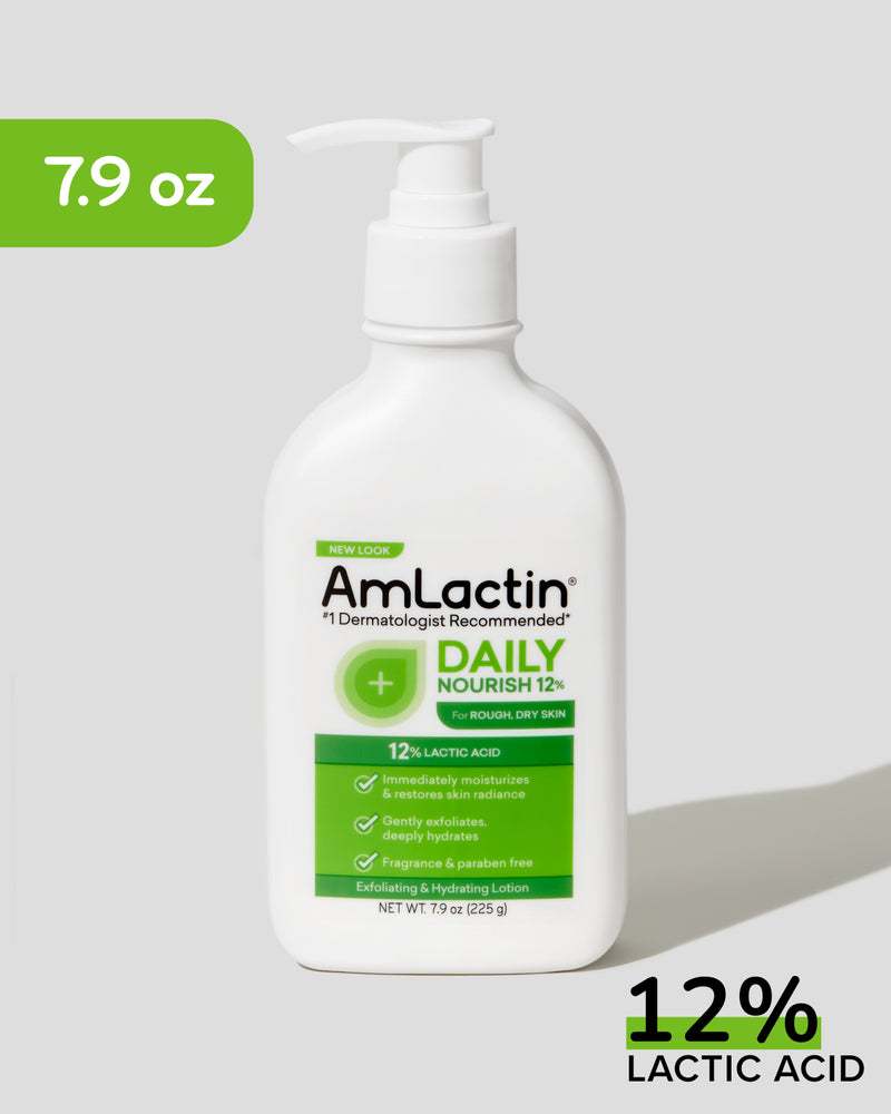 AmLactin Daily Nourish 12% 7.9 oz Lotion Pump Top Bottle on light grey background with shadow. 7.9 oz callout with green flag on top left corner of the image. 12% Lactic Acid green highlight on 12% in bottom right of image.